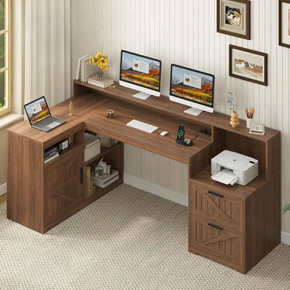 62.2" Farmhouse L Shaped Home Office Desk, Drawers, Storage Shelves & Power Outlet