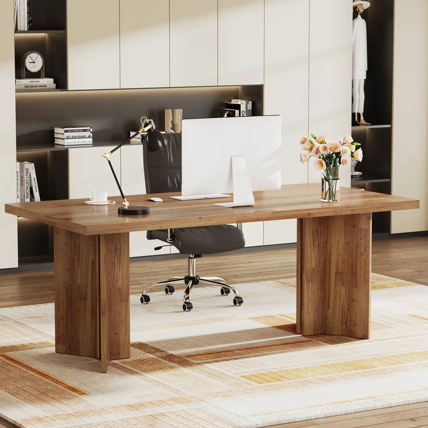 63-inch Executive Desk, Vintage Home Office Computer Desk with Large Tabletop, Farmhouse Wood Writing Conference Table