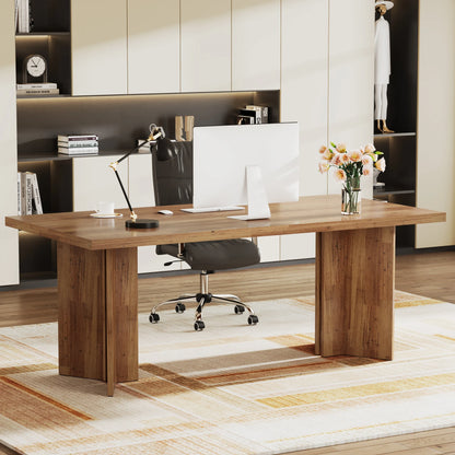 63-inch Executive Desk, Vintage Home Office Computer Desk with Large Tabletop, Farmhouse Wood Writing Conference Table