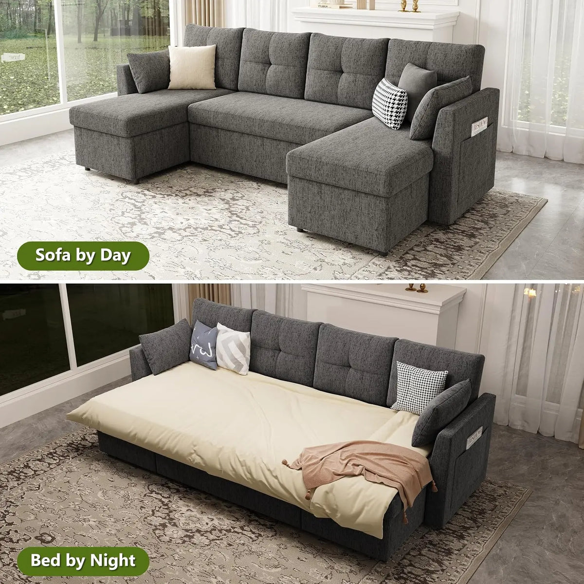 Oversized Sleeper Sofa Couch, Sectional Sofa Bed, Dark Grey | 110 inch 2 in 1 Pull Out Couch with Double Storage, Customized