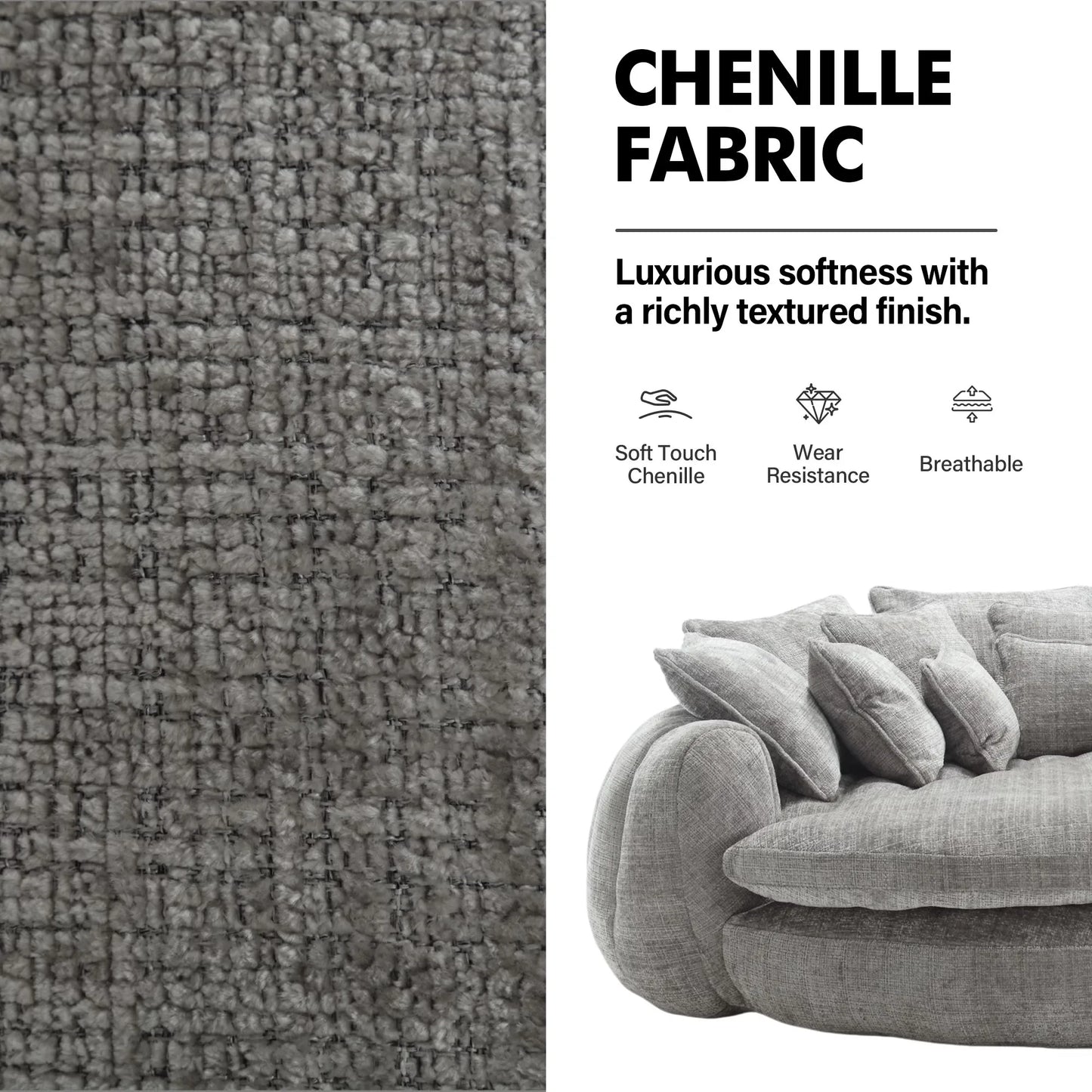 Oversized Round Chaise Lounge Chair with 14 Pillows, Modern Chenille Boneless Couch, Memory Foam