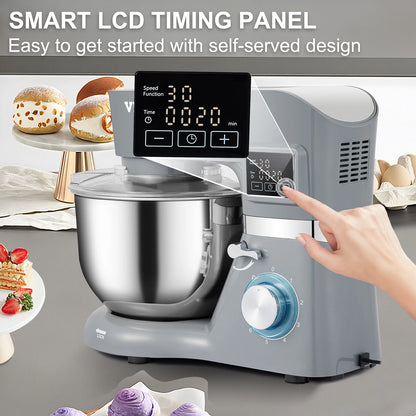 Electric Dough Mixer with 6 Speeds LCD Screen Timing 5.8 Qt Stainless Steel Bowl Dough Hook Flat Beater