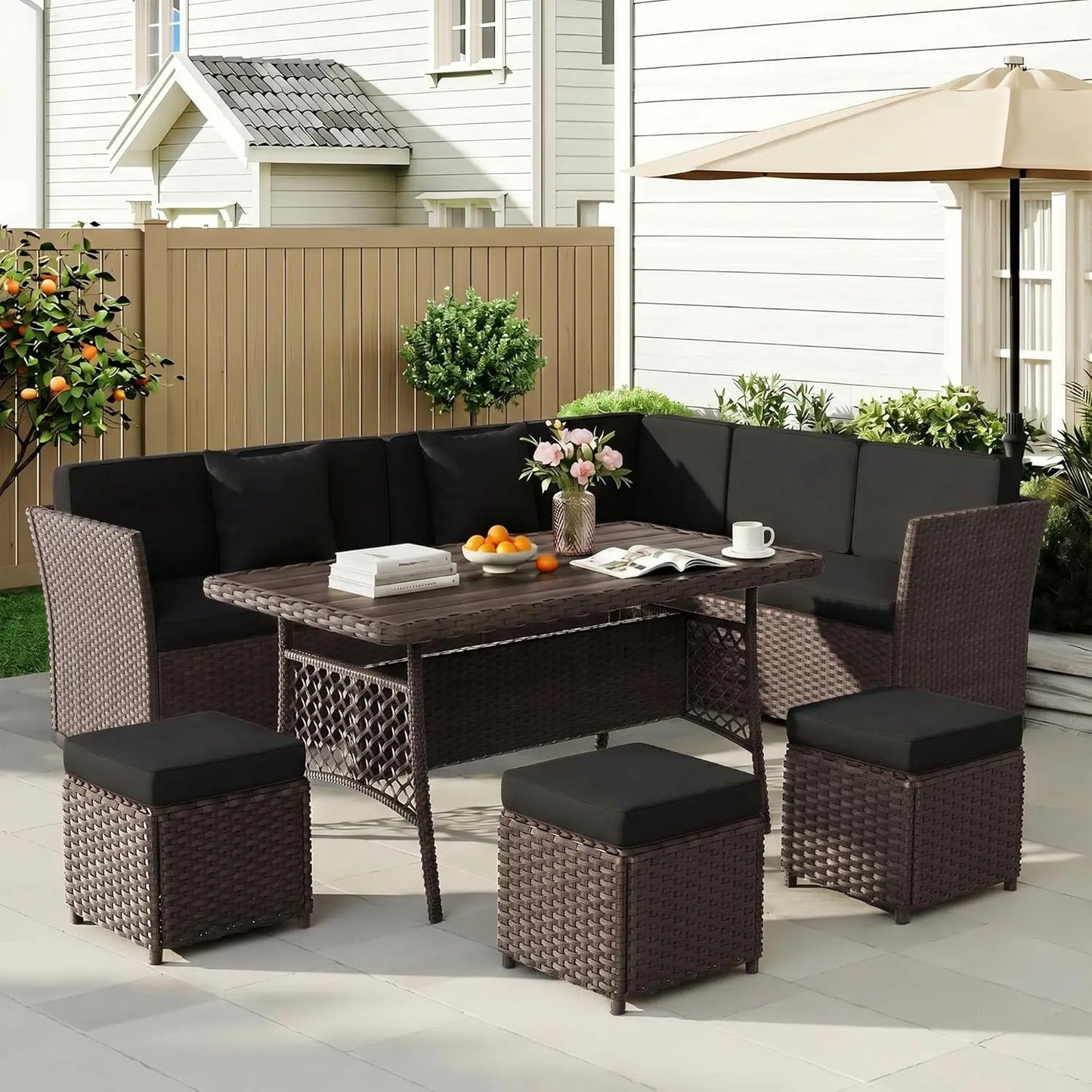 7 Pieces Patio Furniture Set, Wicker Conversation Set with Dining Table, Chairs and, Customized