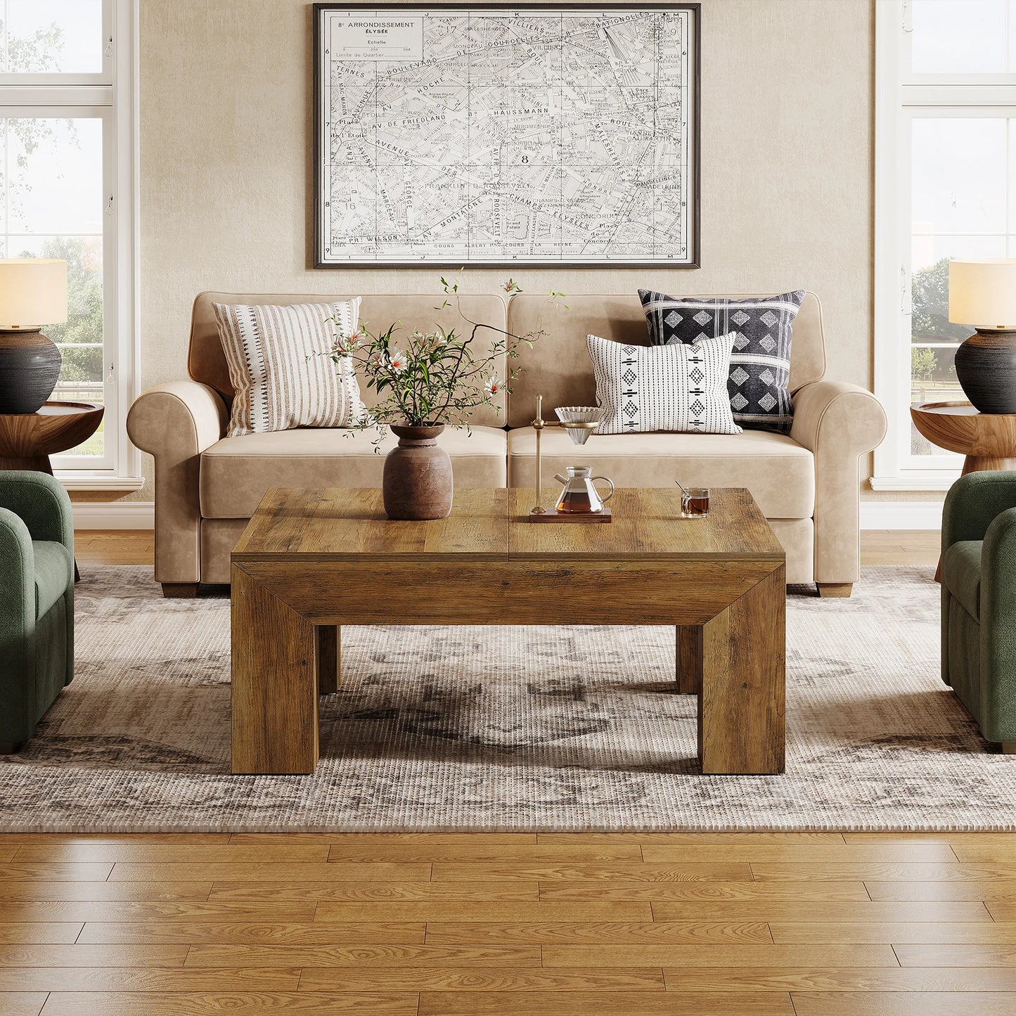 39.4-Inch Square Coffee Table for Living Room, Farmhouse  Cocktail Table with Sturdy Wooden Legs