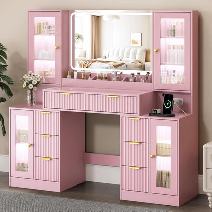 55" Fluted Makeup Vanity Desk with Mirror & Lights, 8 Drawers & 4 Cabinets, Tempered Glass Top, RGB, Custom