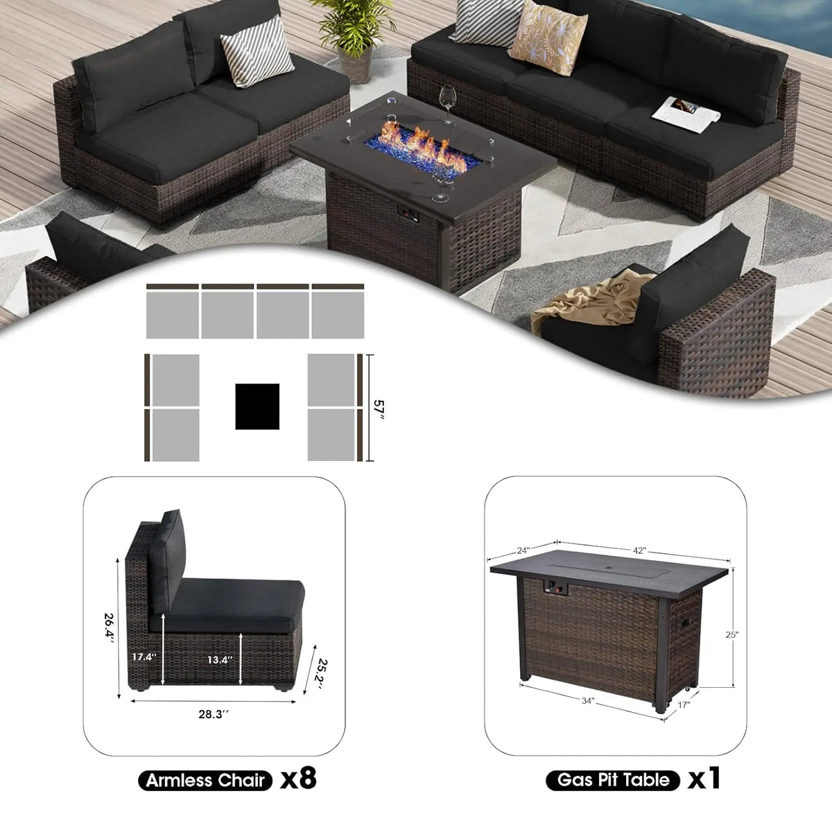 9 Pieces Outdoor Sectional Patio Furniture Set with Fire Pit Table PE Rattan Wicker Patio Sectional Armless, Customized