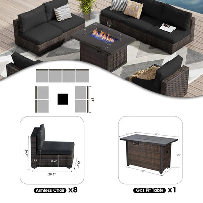 9 Pieces Outdoor Sectional Patio Furniture Set with Fire Pit Table PE Rattan Wicker Patio Sectional Armless, Customized