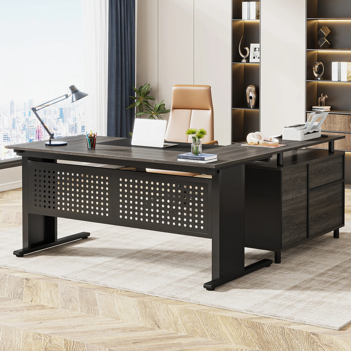 63 Inch Executive Large Office Desk L Shaped Computer Desk with Drawers and Storage Shelves