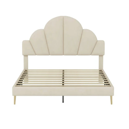 3 Piece Bedroom Set, Queen Size Modern Velvet Upholstered Bed Frame with Petal Shape Headboard, 3 Drawers Nightstands, Beige