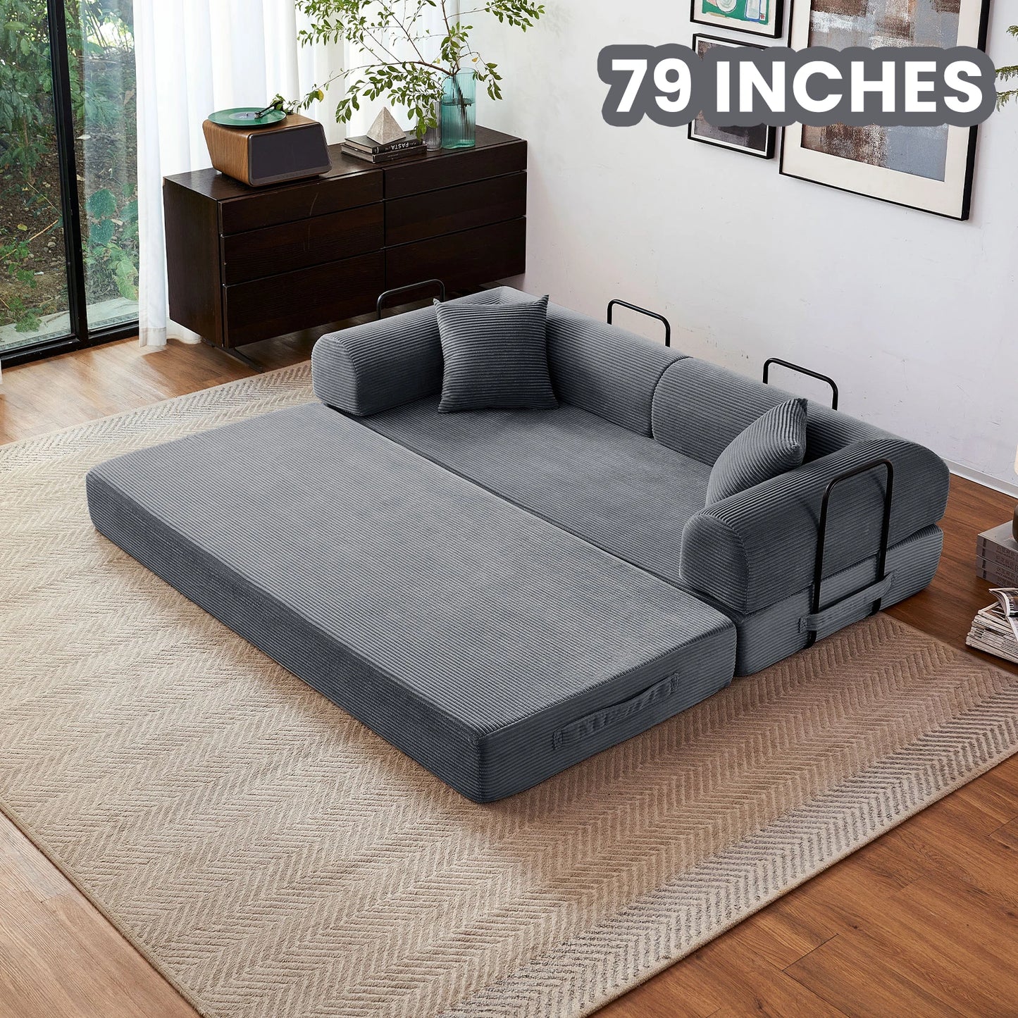 79''  Foldable Convertible Futon Sleeper Sofa Bed with L-Shaped Armrests for Living Room