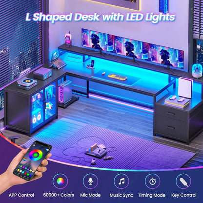 Large Computer Desk with Drawers and Power Outlet & LED Light,