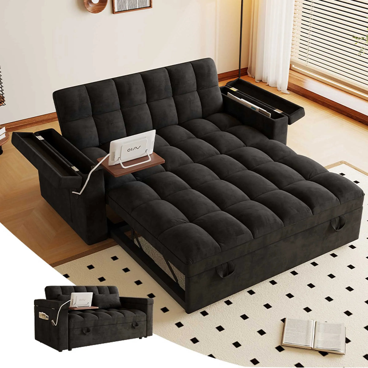 3-in-1 Foldable Velvet Sofa Bed with USB Charging Port, Table Board and Storage Armrests, Adjustable Backrest Sleeper Couch for Living Room Apartment Guest Room, Black