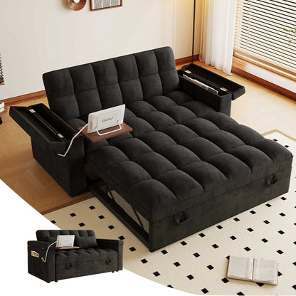 3-in-1 Foldable Velvet Sofa Bed with USB Charging Port, Table Board and Storage Armrests, Adjustable Backrest Sleeper Couch for Living Room Apartment Guest Room, Black