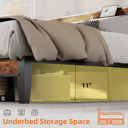 Twin Size Metal Bed Frame with Storage Headboard No Box Spring Needed Easy Assembly Durable Squeak-Free Frame With USB Charging Station For Home Bedroom