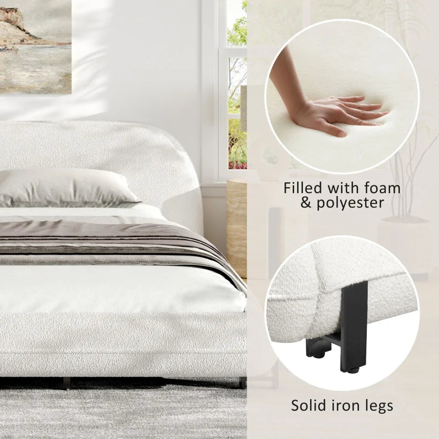 King Size Bed Frame with Boucle Fabric, Upholstered Platform Bed with Curve-Shaped Design and Thick Headboard