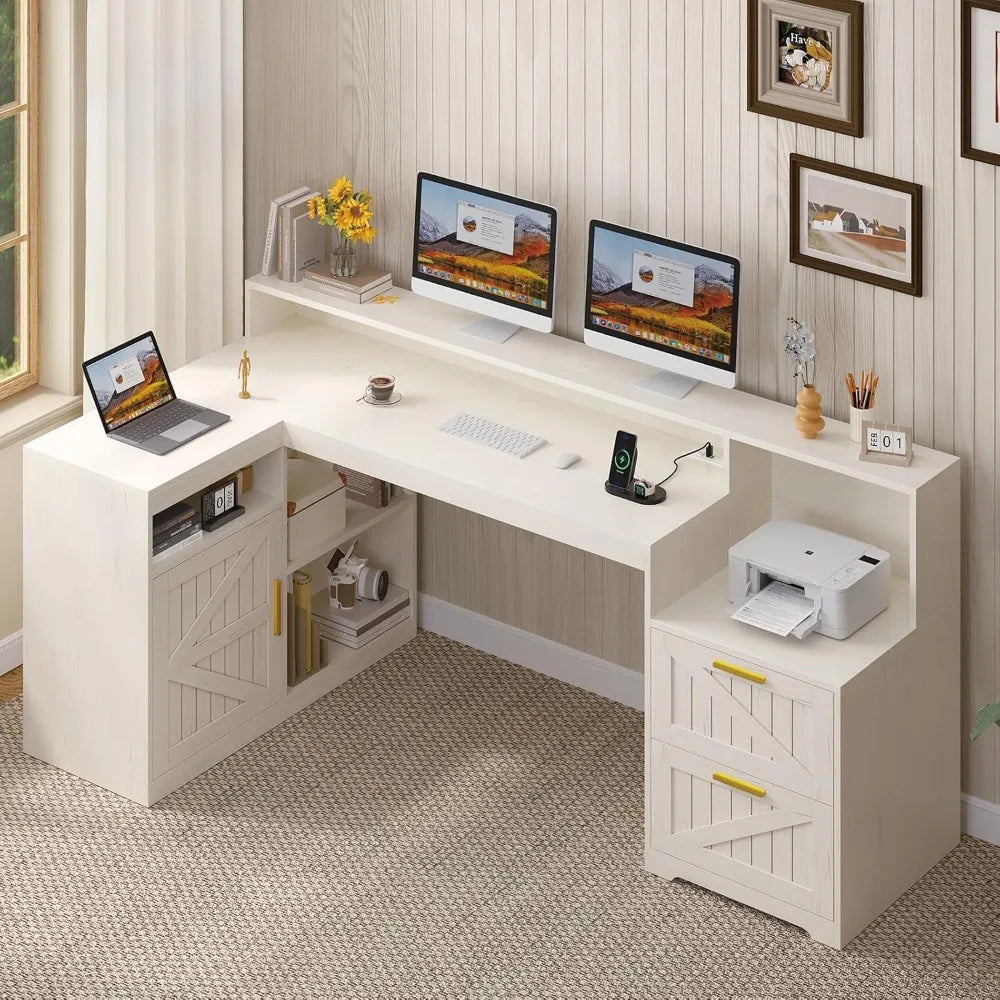 62.2" Farmhouse L Shaped Home Office Desk, Drawers, Storage Shelves & Power Outlet
