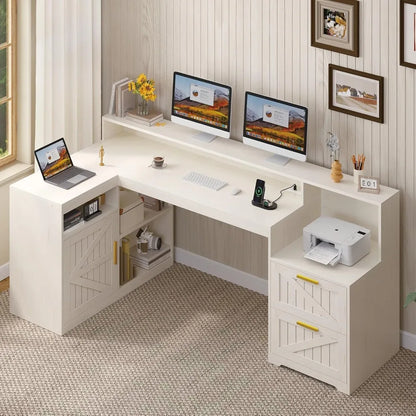 62.2" Farmhouse L Shaped Home Office Desk, Drawers, Storage Shelves & Power Outlet