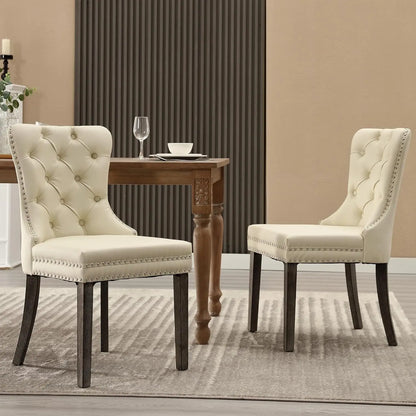 Leather Dining Chairs with Solid Wood Legs and Pull Ring, Luxury, Customized Set of 6