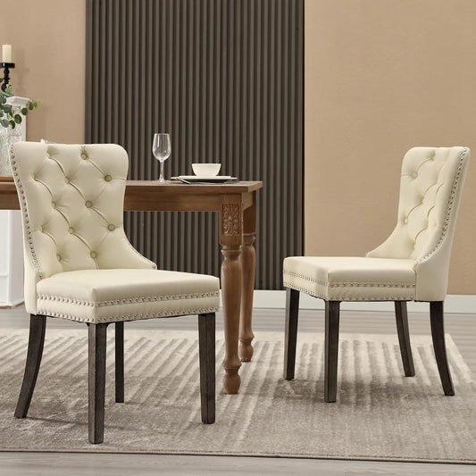 Leather Dining Chairs with Solid Wood Legs and Pull Ring, Luxury, Customized Set of 6