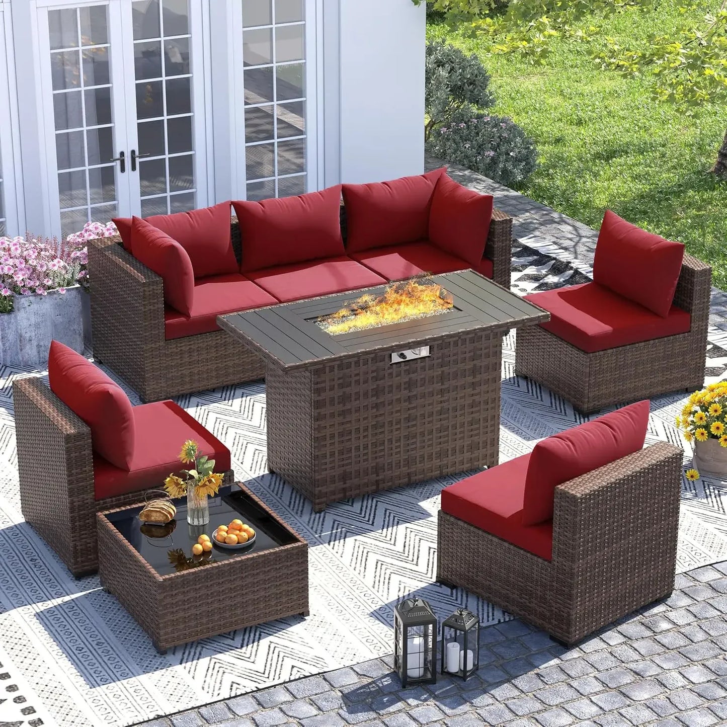 All-Weather Wicker Set with Fire Pit Table, 8 Piece Sectional Sofas,