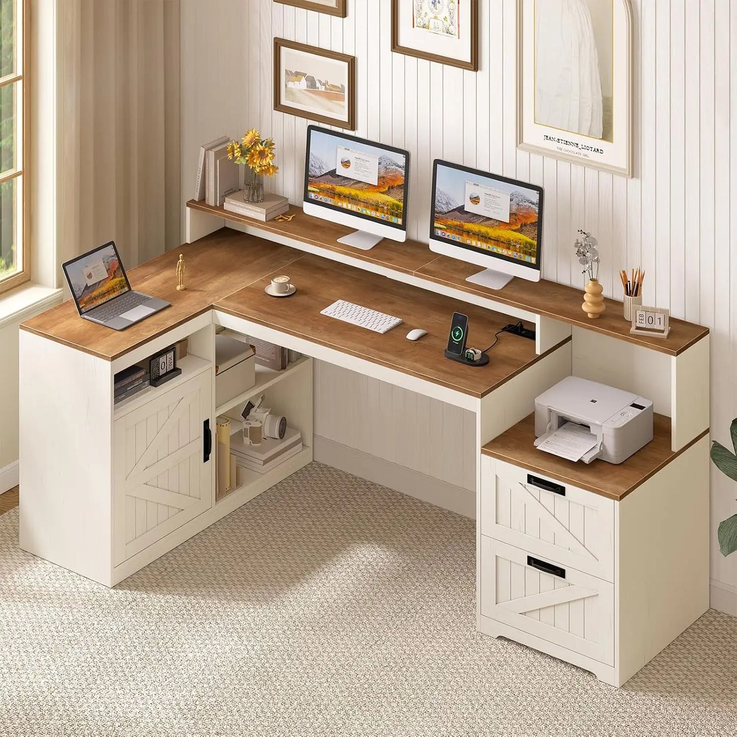 62.2" Farmhouse L Shaped Home Office Desk, Drawers, Storage Shelves & Power Outlet