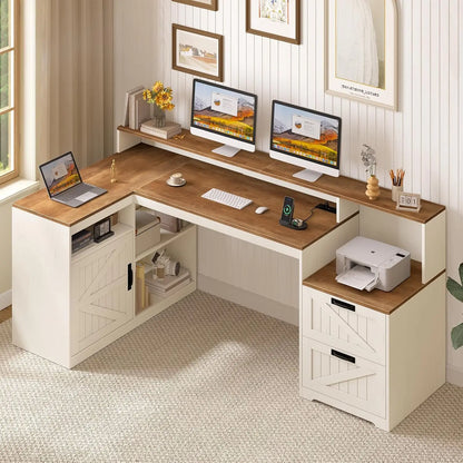 62.2" Farmhouse L Shaped Home Office Desk, Drawers, Storage Shelves & Power Outlet