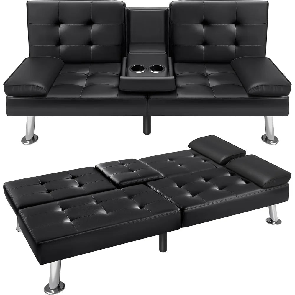 Futon Sofa Bed  Faux Leather Couch for Living Room with 2 Cup Holders and Armrest