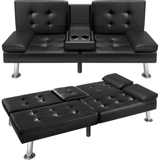 Futon Sofa Bed  Faux Leather Couch for Living Room with 2 Cup Holders and Armrest