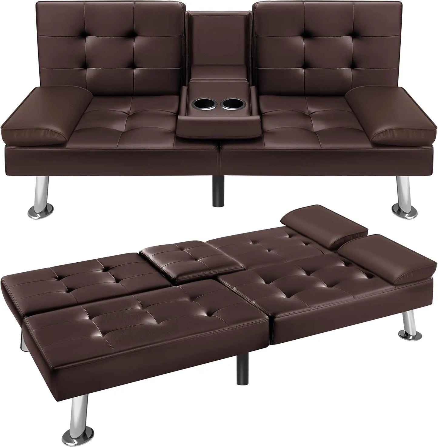 Futon Sofa Bed  Faux Leather Couch for Living Room with 2 Cup Holders and Armrest