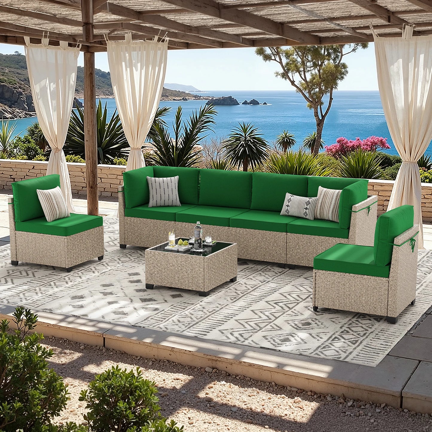 7-Piece Patio Furniture Set, Outdoor Rattan Sectional Sofa with Tempered Glass Table, All-Weather, for Garden, Porch, Backyard