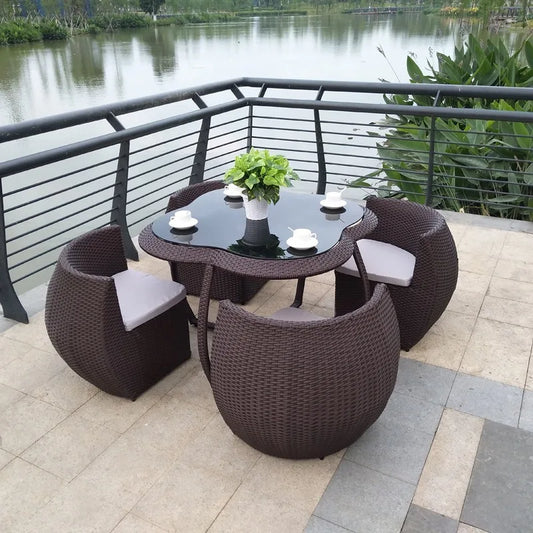 Outdoor Patio Tables and Chairs Set  Waterproof Tempered Glass Tea Table  Rattan Chairs