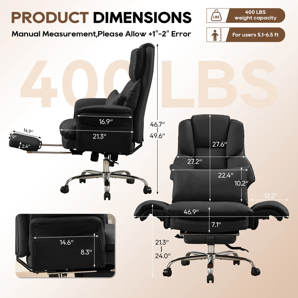 Big and Tall Executive Office Chair, Ergonomic Computer Desk Chair with Adjustable Backrest, Flip Armrests & Footrest for Home & Office