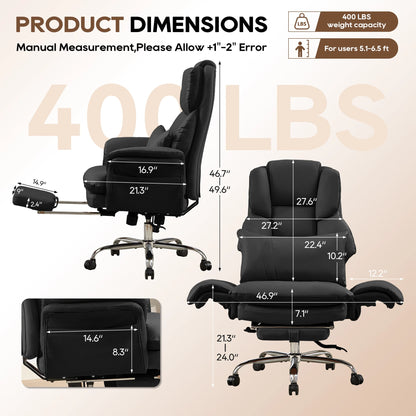 Big and Tall Executive Office Chair, Ergonomic Computer Desk Chair with Adjustable Backrest, Flip Armrests & Footrest for Home & Office