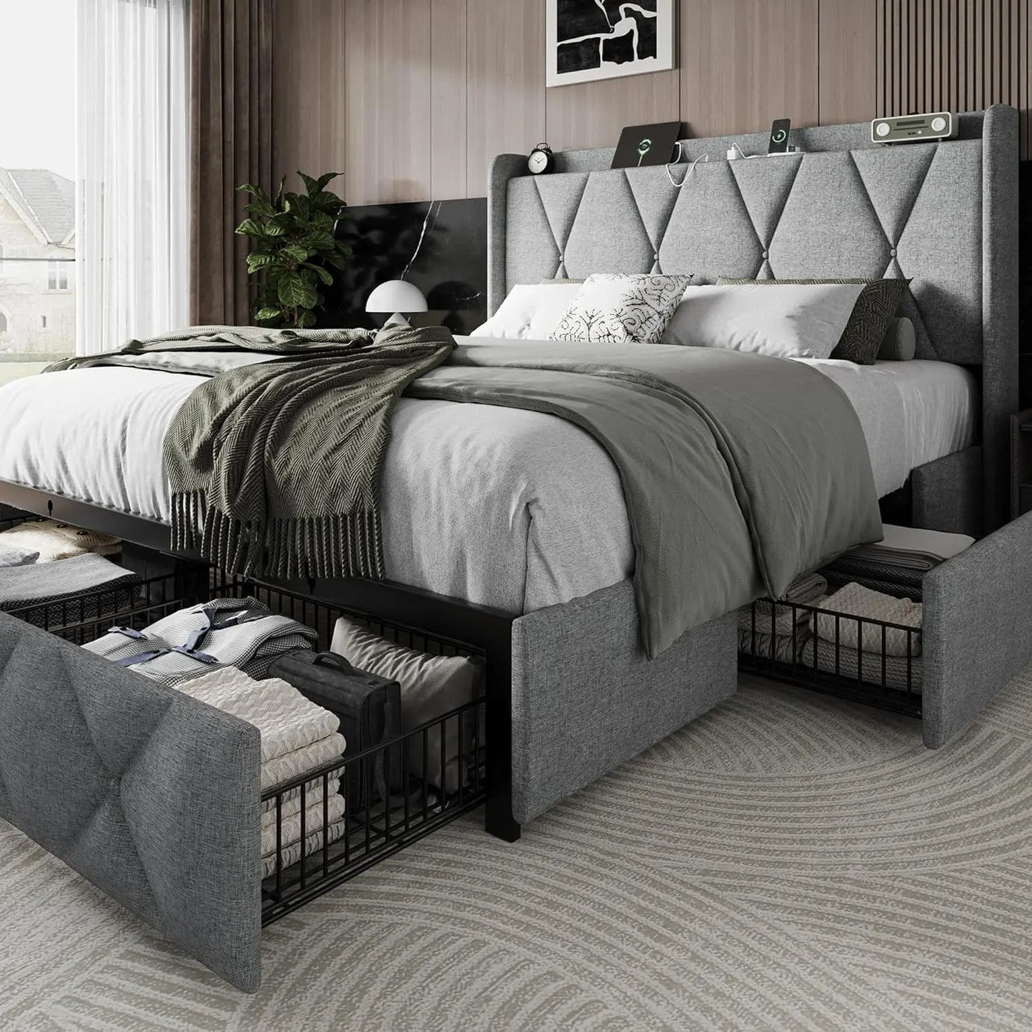 Upholstered Platform Bed Frame Frame with 4 Storage Drawers and Charging Station