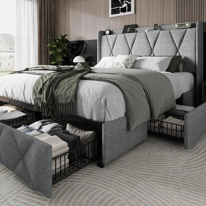 Upholstered Platform Bed Frame Frame with 4 Storage Drawers and Charging Station