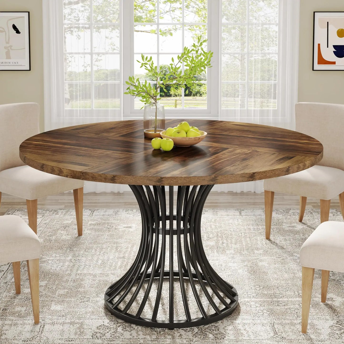 47-Inch Round Farmhouse  Dining Table for 4-6 People