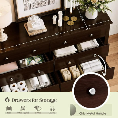 Dresser for Bedroom, 6 Wood Dresser Drawers, Bedroom or Living Room