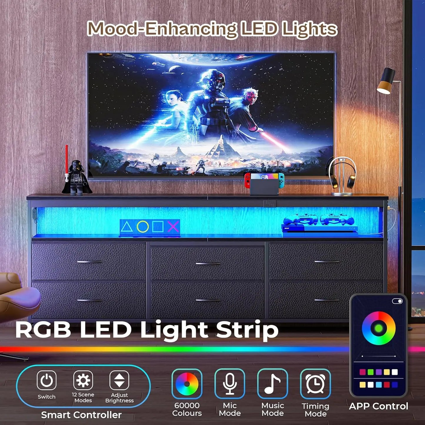 63 Inch LED TV Stand with Power Outlets, Fabric Drawers TV Stand