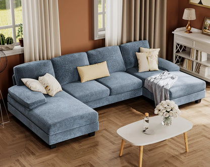 U-Shaped Sofa Couch with Linen Fabric, 4 Seat Sofa Set with Double Chaise
