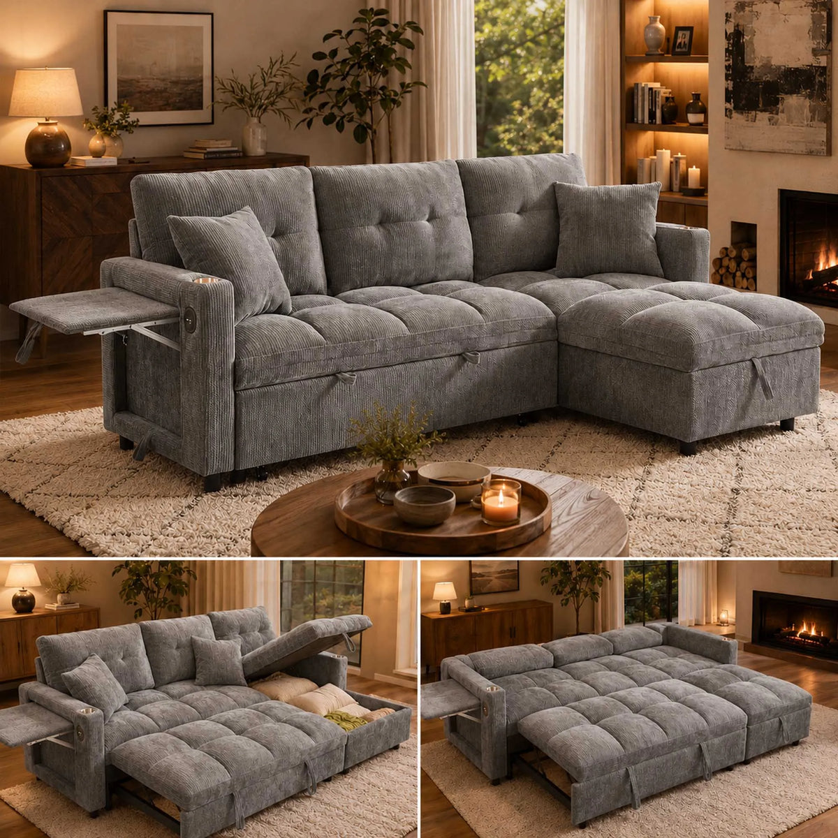 L-Shaped Sleeper Sofa with Pull Out Bed, Convertible Sectional Couch with Storage Chaise, USB/Type-C Charging and Cup Holders, Plush Chenille Modular Sofa for Living Room, Blue