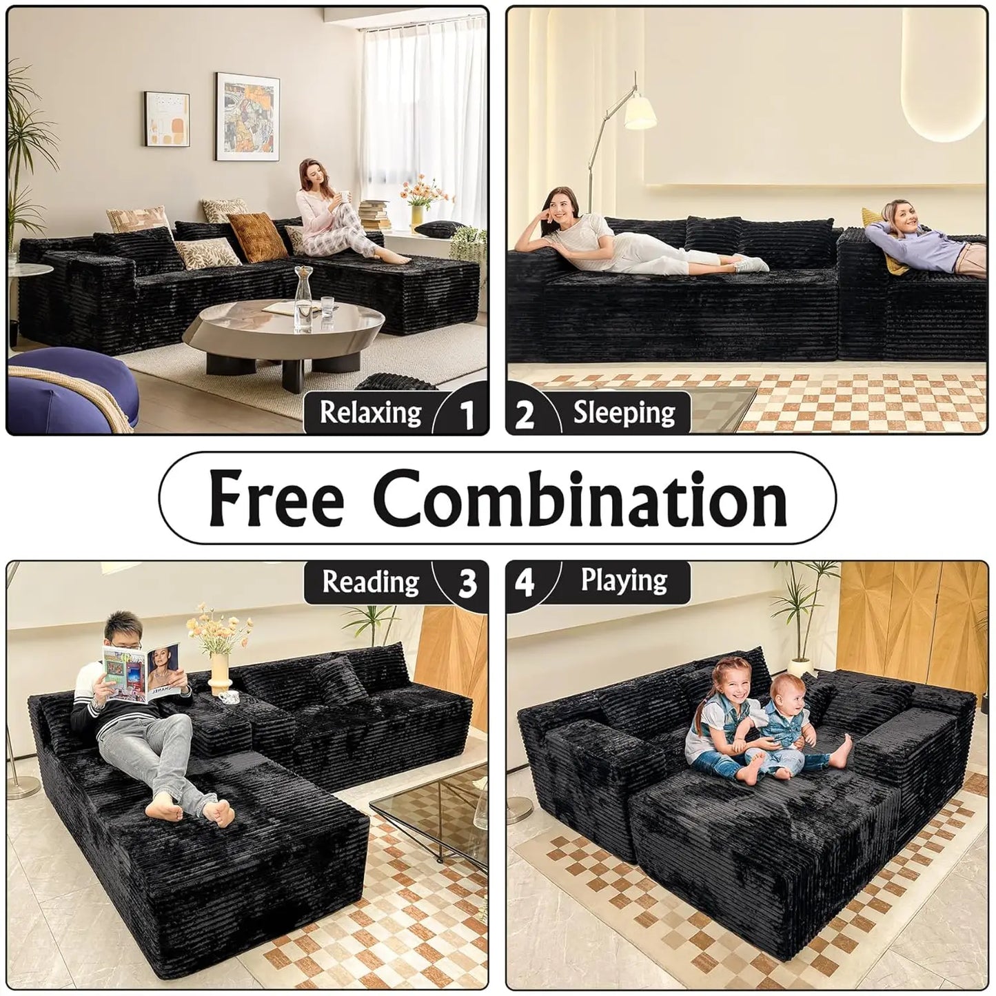Black Corduroy Couch for Living Room ，104" Cloud Sectional Couch with L-Shape Chaise， Modern, Customized