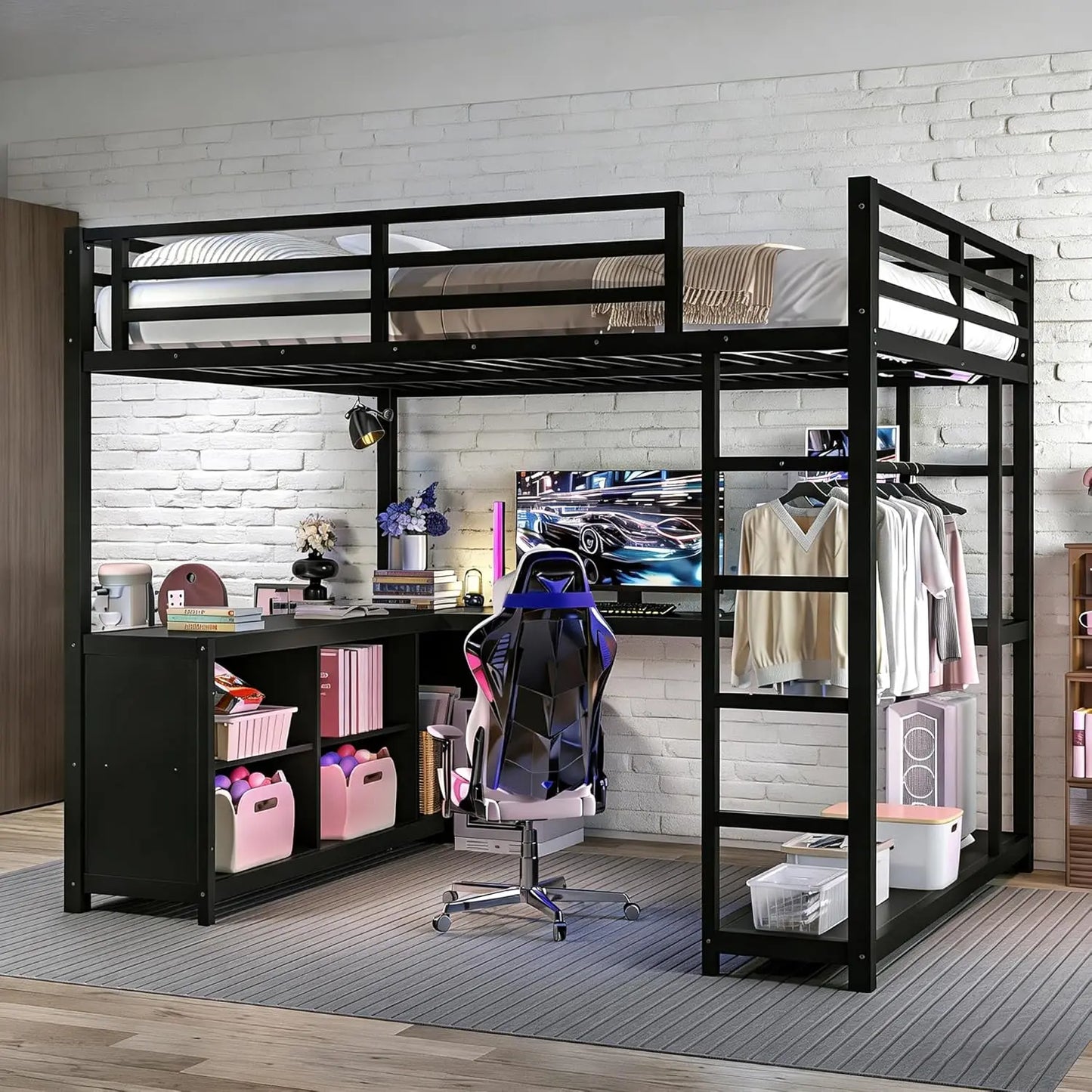 Queen Loft Bed with Storage Stairs Shelves with Wardrobe LED Lights made of  Natural Wood,