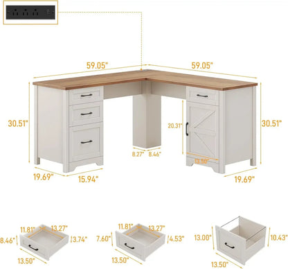 59” L Shaped  Home Office Desk with Flie Drawer,Stroage Cabinet, Wood Corner Sturdy with Power Outlets