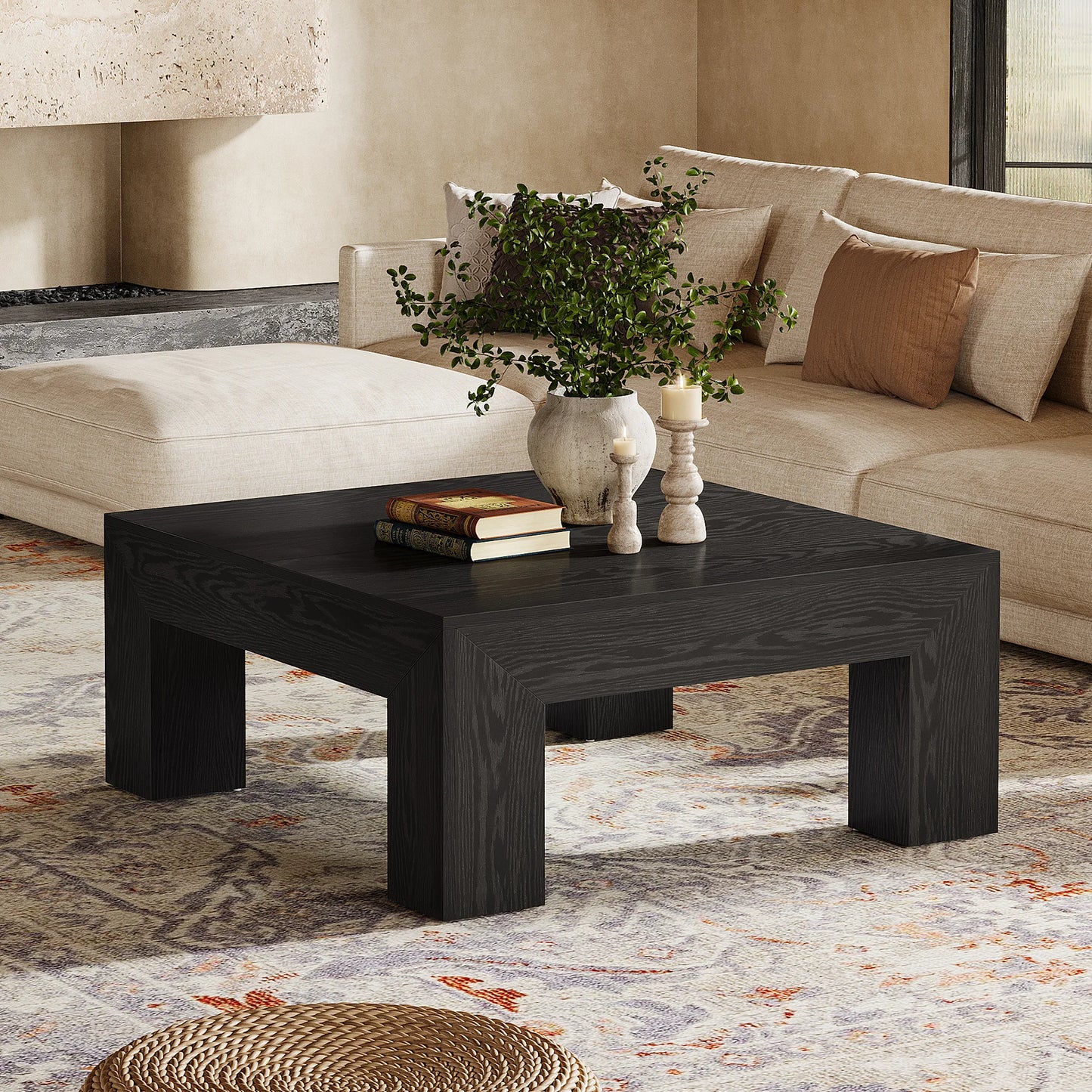 39.4-Inch Square Coffee Table for Living Room, Farmhouse  Cocktail Table with Sturdy Wooden Legs