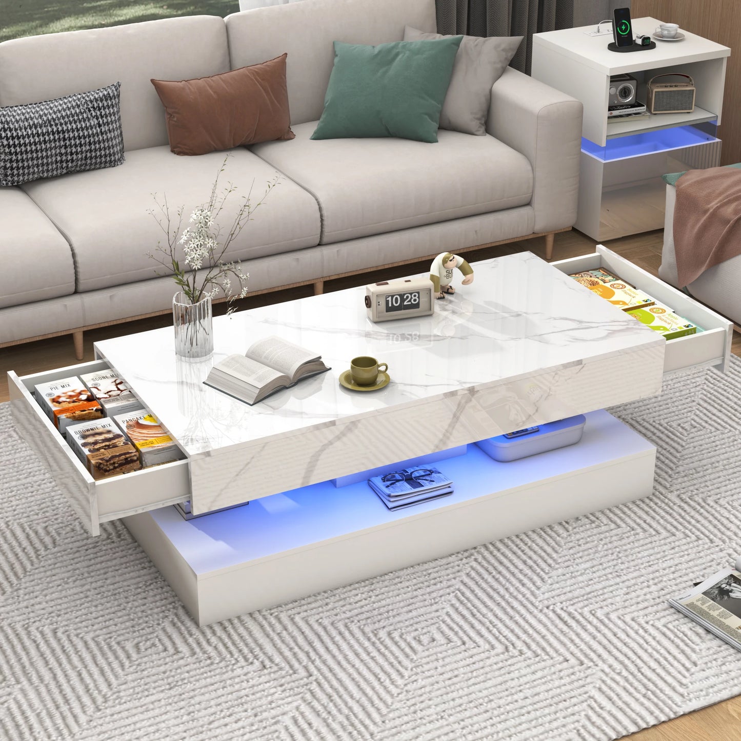Modern  Coffee Table with LED lights, Double-Layer Design for Living Room Coffee Table with 2 Storage Drawers