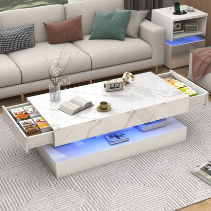 Modern  Coffee Table with LED lights, Double-Layer Design for Living Room Coffee Table with 2 Storage Drawers