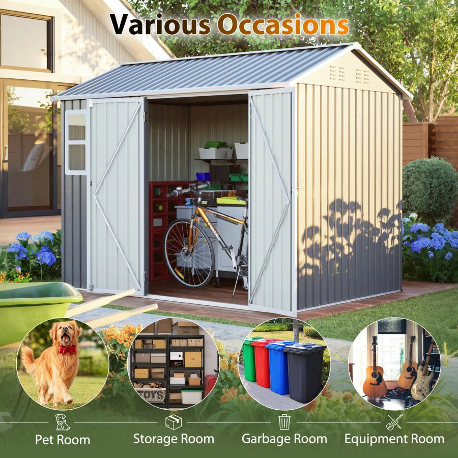8'x6' Large Steel Storage Shed with Window, Lockable Doors and Sloped Roof, Heavy Duty Outdoor Tool Shed for Garden, Patio,