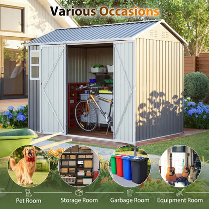 8'x6' Large Steel Storage Shed with Window, Lockable Doors and Sloped Roof, Heavy Duty Outdoor Tool Shed for Garden, Patio,
