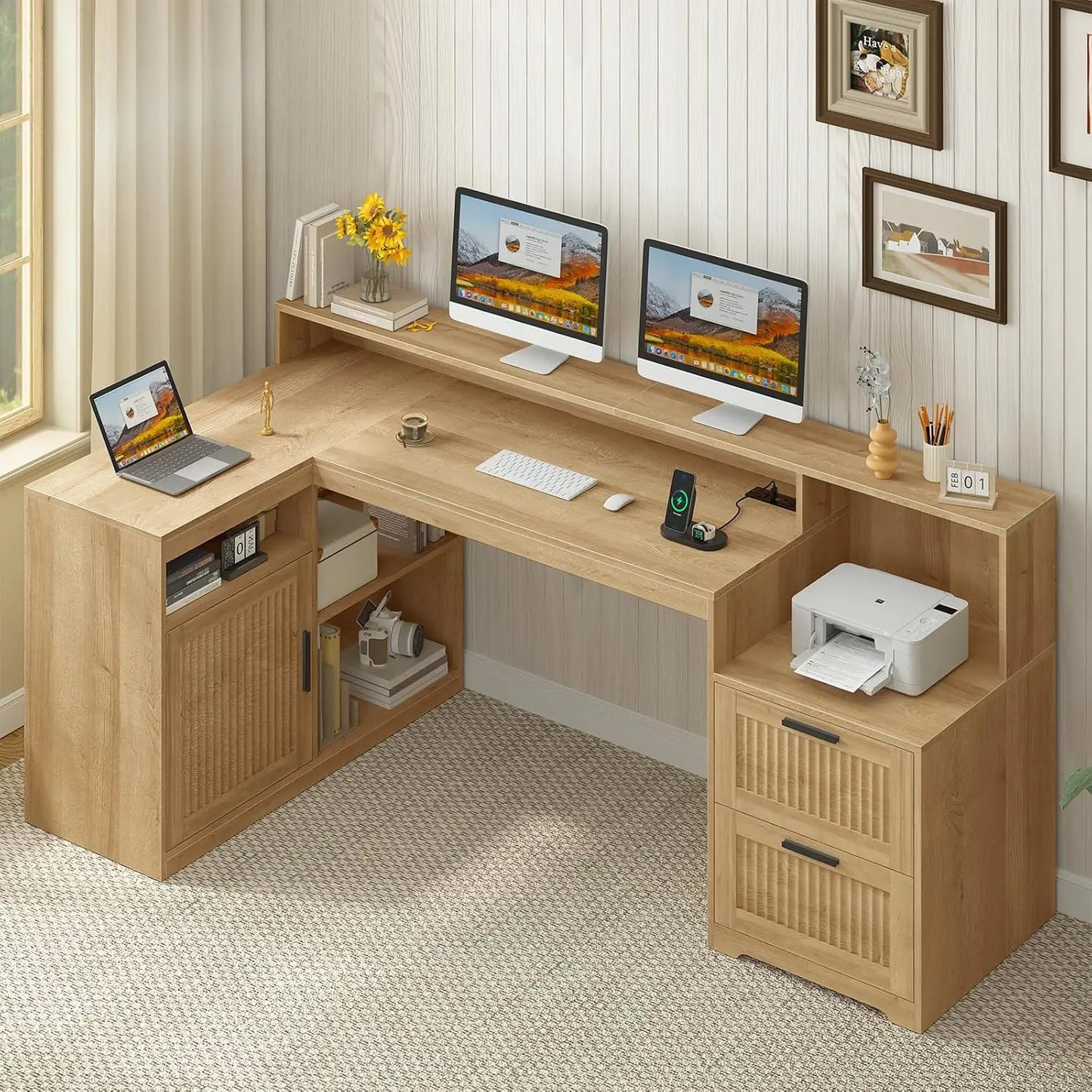 62.2" Farmhouse L Shaped Home Office Desk, Drawers, Storage Shelves & Power Outlet