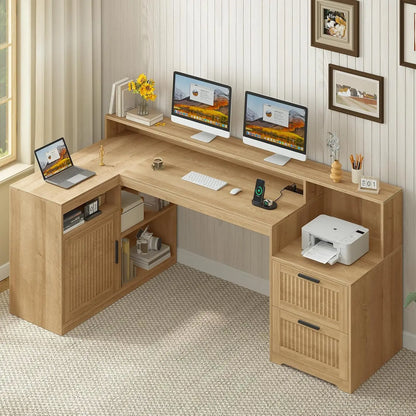62.2" Farmhouse L Shaped Home Office Desk, Drawers, Storage Shelves & Power Outlet